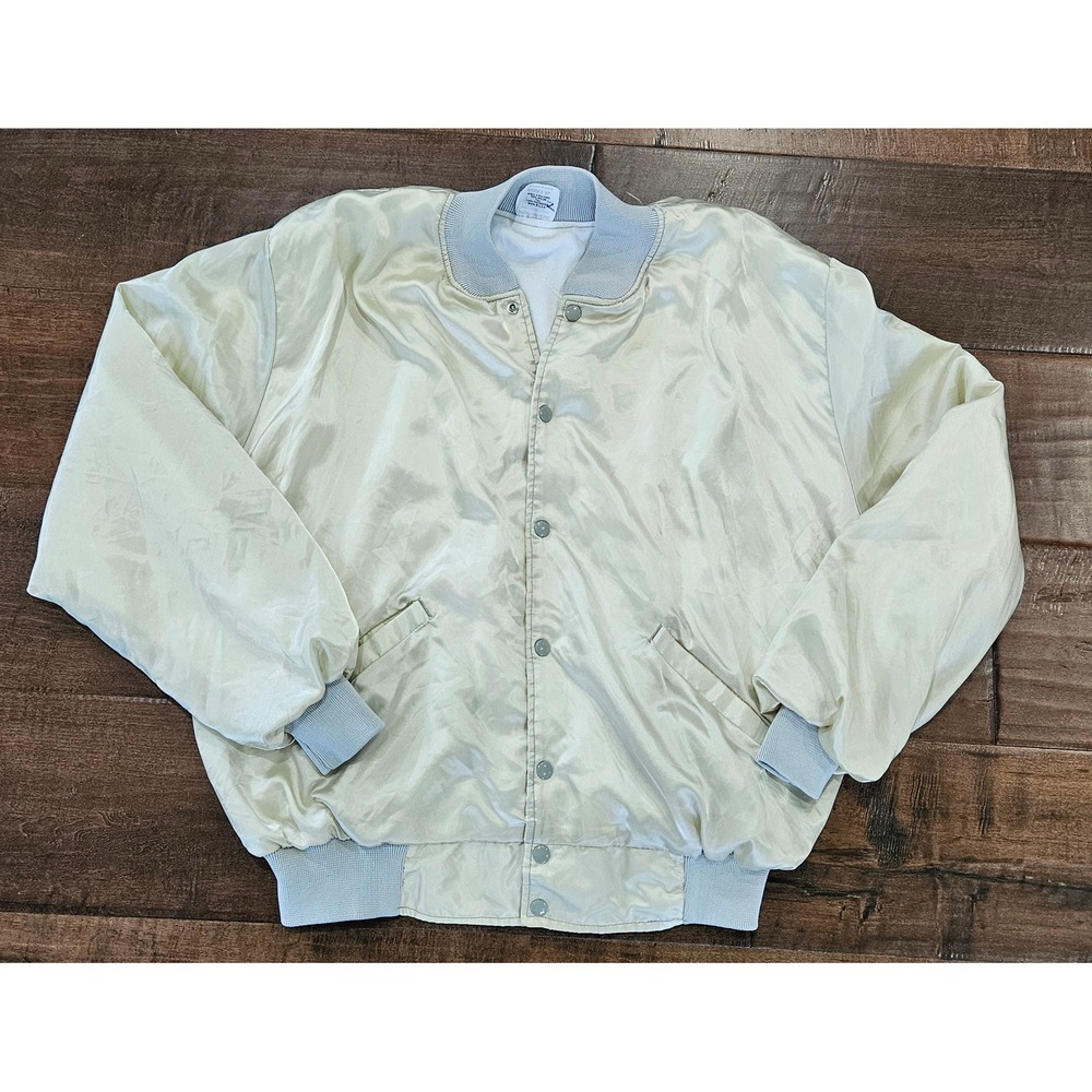VTG Retro Varisty Cool Sportswear Satin Bomber Jacket Mens XL Cream USA
